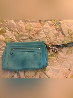 COACH Legacy ‘Robin Blue’ Perforated Leather Clutch / Wristlet (Style #F49001)